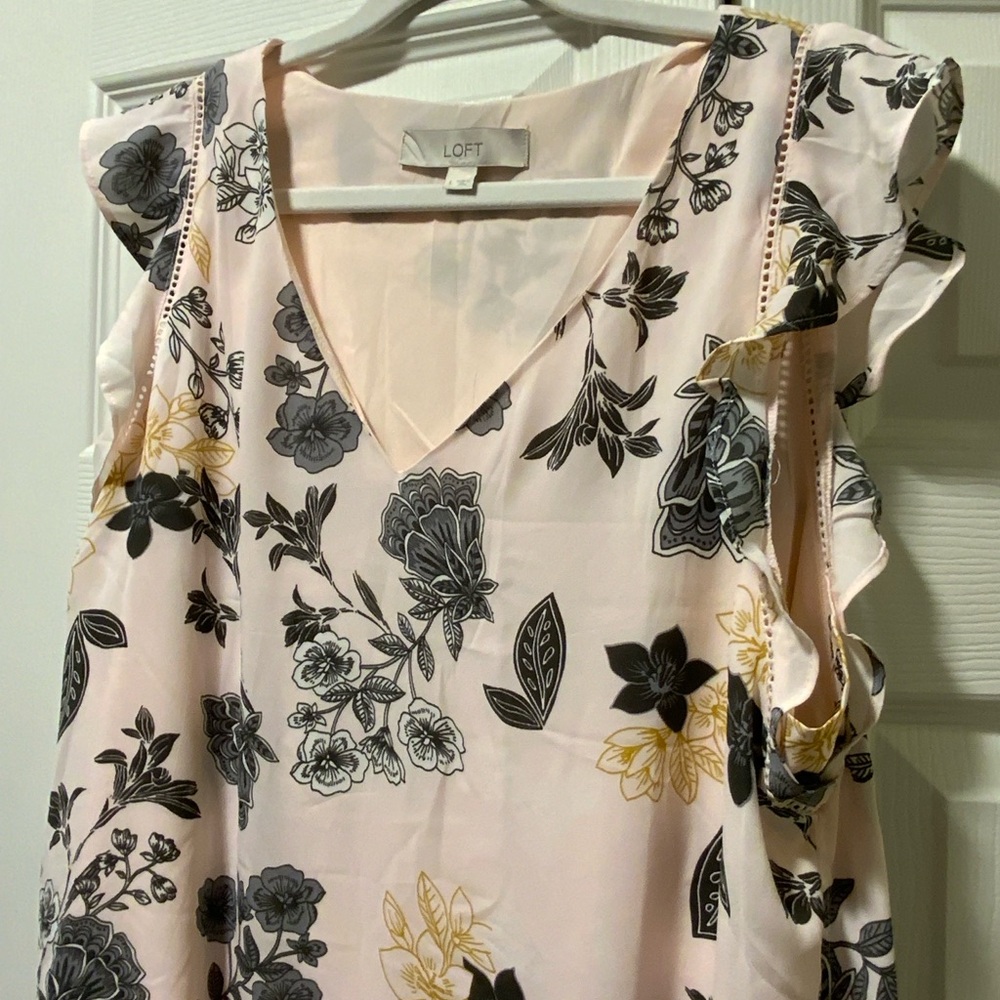 LOFT Floral Ruffle Sleeve Dress - Pink, Black, and Gold